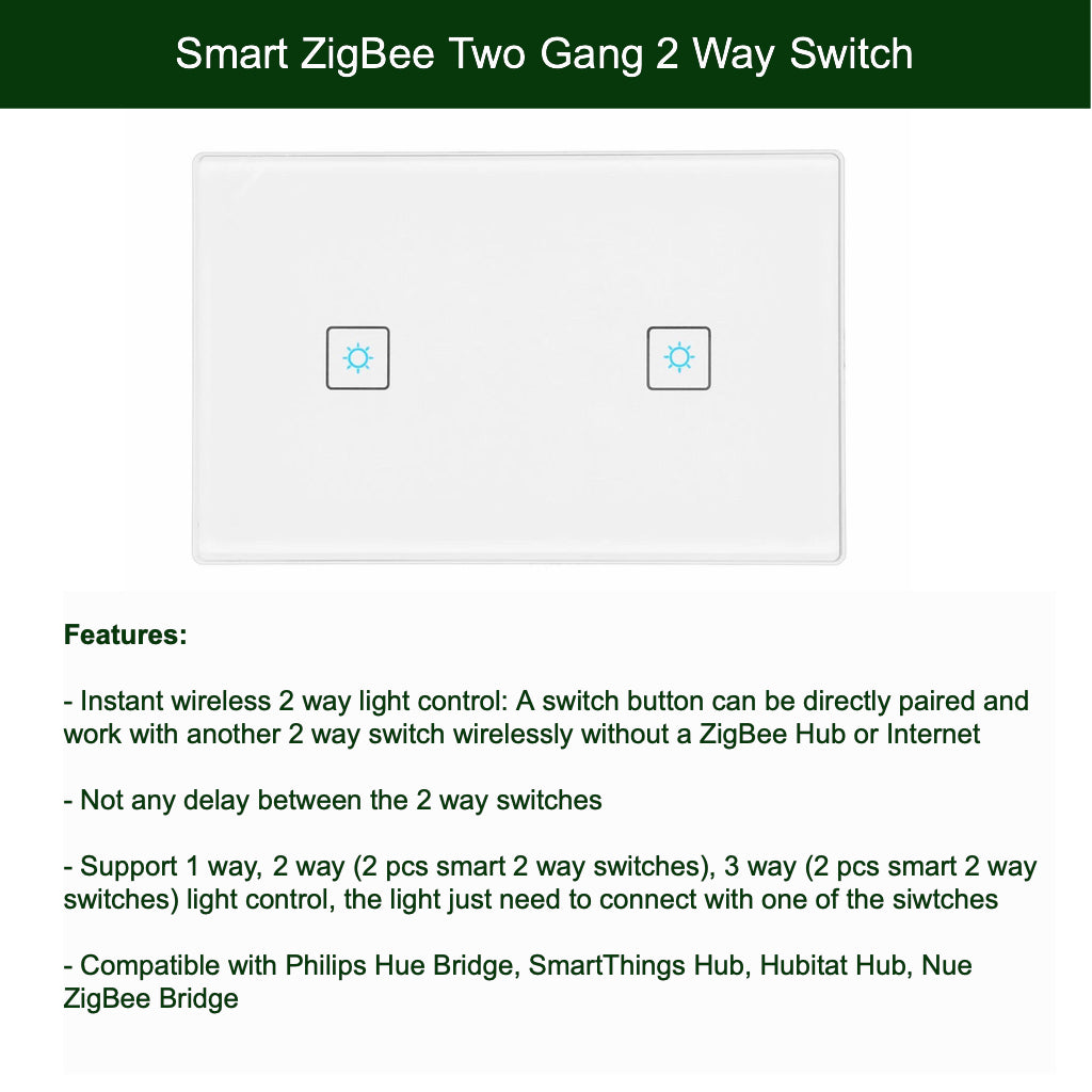 ZigBee 2 Gang 2 Way Switch Set for SmartThings, Hubitat and Philips Hue 2 Way Light Control