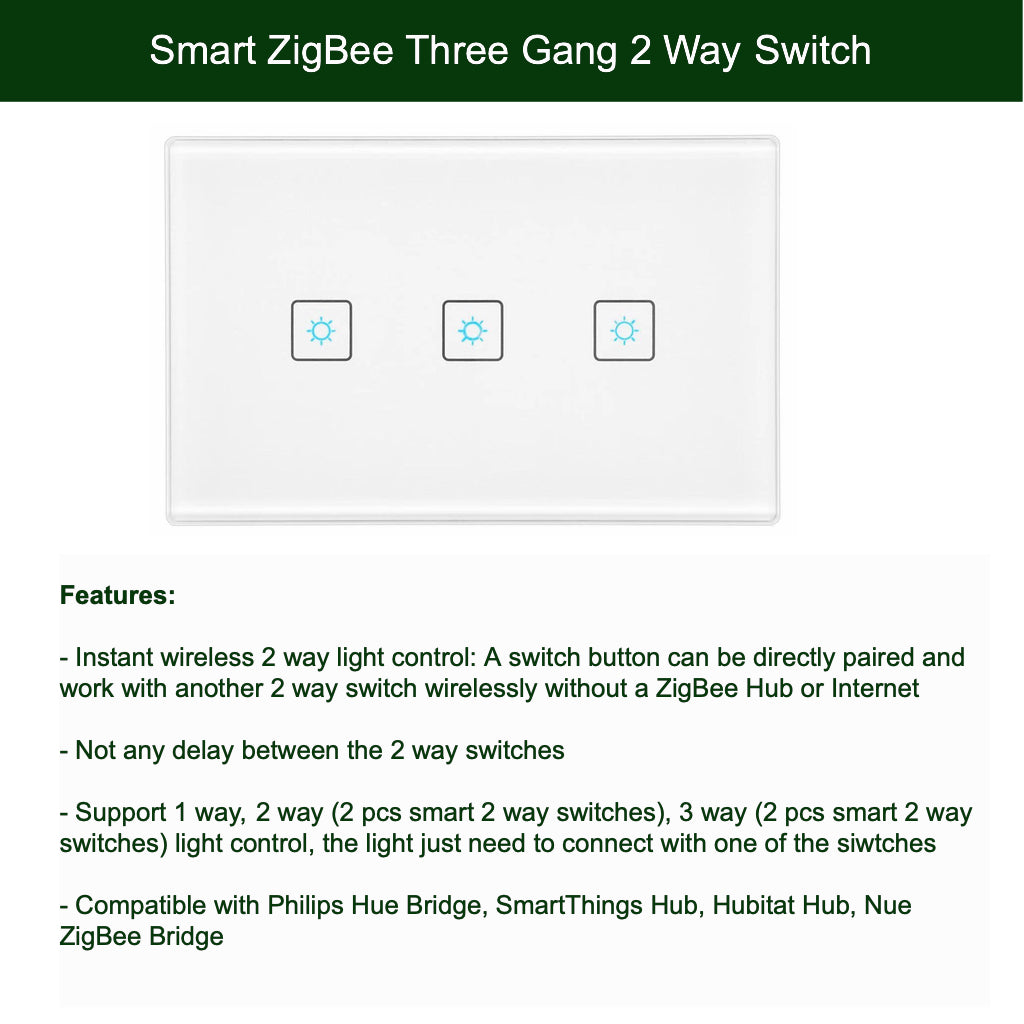 ZigBee 3 Gang 2 Way Switch Set for SmartThings, Hubitat and Philips Hue 2 Way Light Control