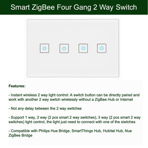 ZigBee 4 Gang 2 Way Switch Set for SmartThings, Hubitat and Philips Hue 2 Way Light Control