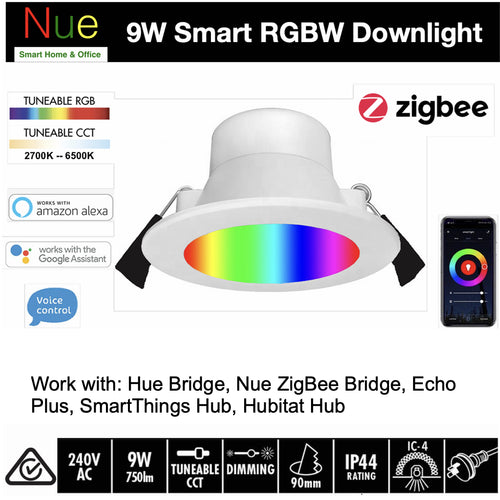 ZigBee 9W 90mm Cutout Smart RGBW Downlight for SmartThings, Hubitat, Philips Hue and Echo Plus