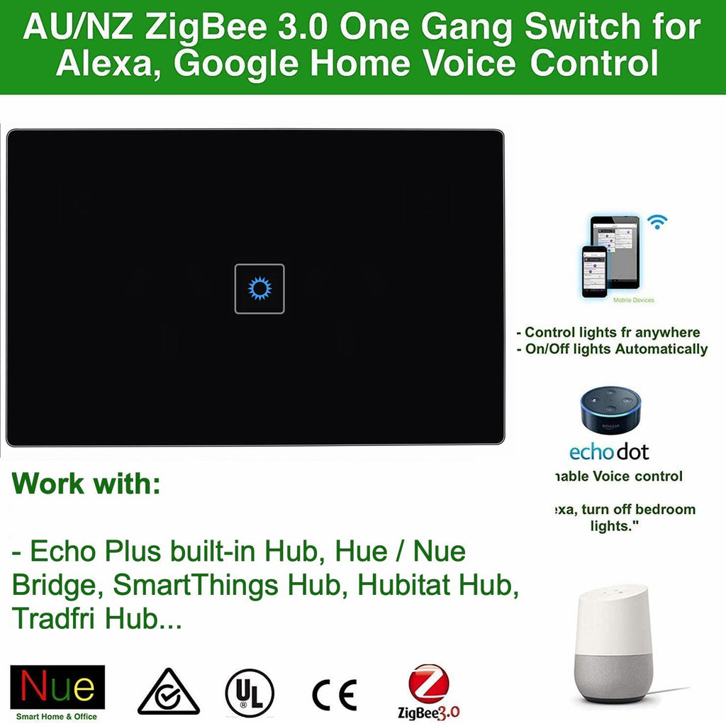 ZigBee Smart 1 Gang Switch for SmartThings, Hubitat and Philips Hue (Black)
