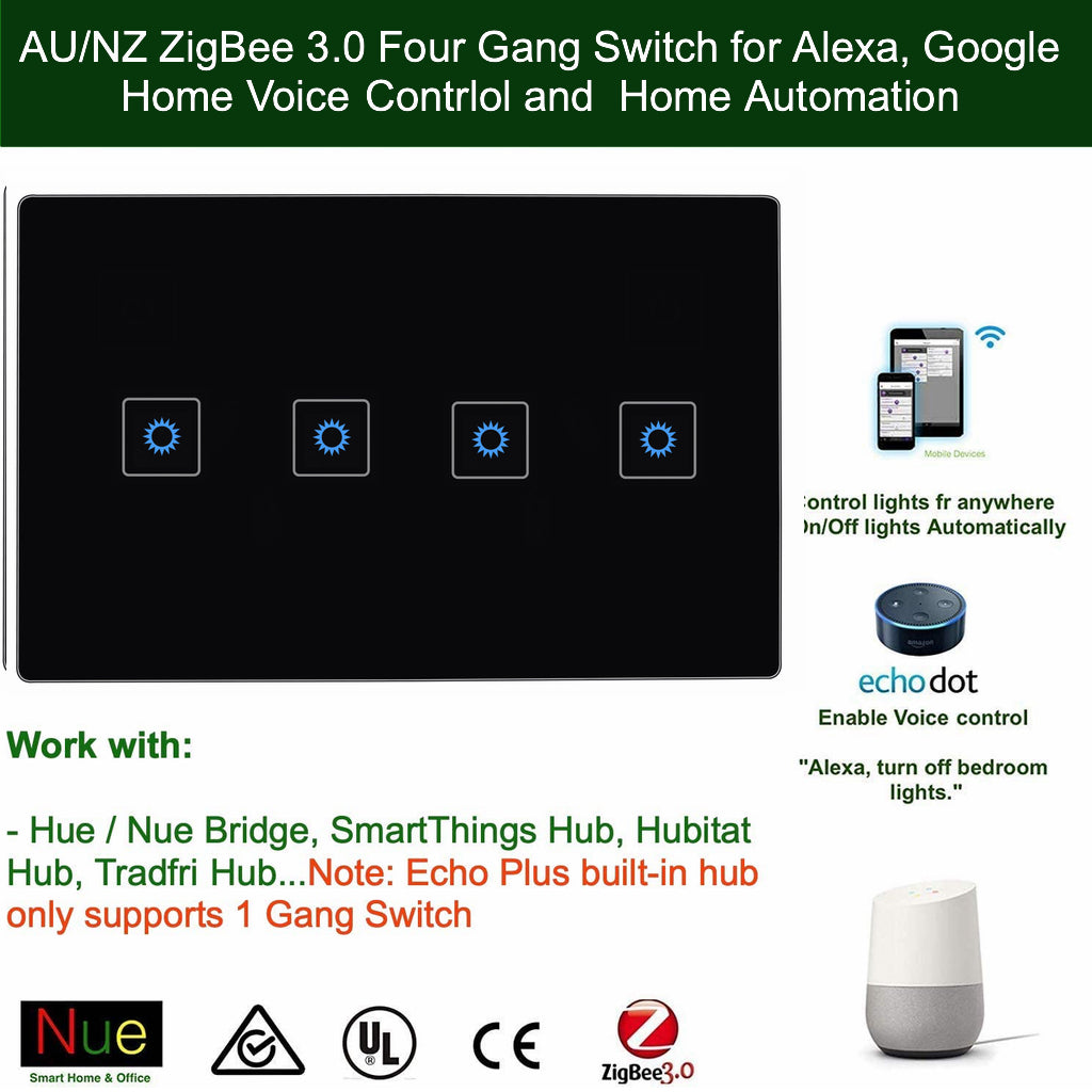 ZigBee Smart 4 Gang Switch for SmartThings, Hubitat Hub and Philips Hue (Black)