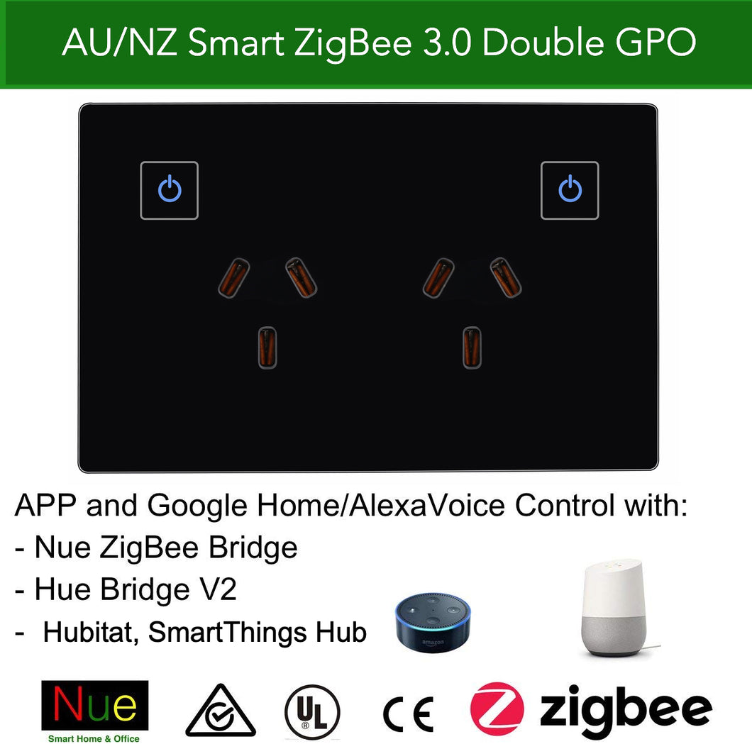 ZigBee Smart Double Power Point GPO for SmartThings, Hubitat, Philips Hue (Black)